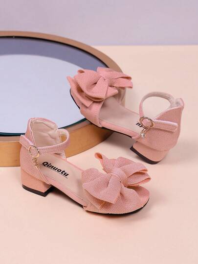 1 par de sandalias de tacón alto rosa para niña, con decoración de lazo de tela suave, punta redonda, tacón grueso que aumenta la altura, diseño de una sola correa, estilo bohemio de moda para vacaciones, sandalias de cuña de princesa linda para estudiantes femeninas, uso casual diario, fiesta, al aire libre, nueva llegada de primavera/verano