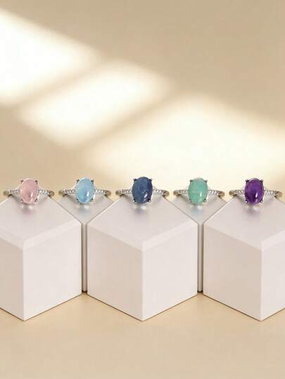 1 chiếc nhẫn bạc điều chỉnh được, làm từ đá quý tự nhiên cao cấp, thạch anh hồng, thạch anh tím, kyanit, aquamarine, amazonit, dành cho nữ, thích hợp đeo hàng ngày.