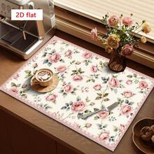 1pc Dish Drying Mat, Coffee Machine Mat, Pink Rose Pattern Absorbent Placemat, Suitable For Dining Table And Cafe, Multipurpose Drainage Mat, Home Gift, Tabletop Decor - Multicolor - View 2