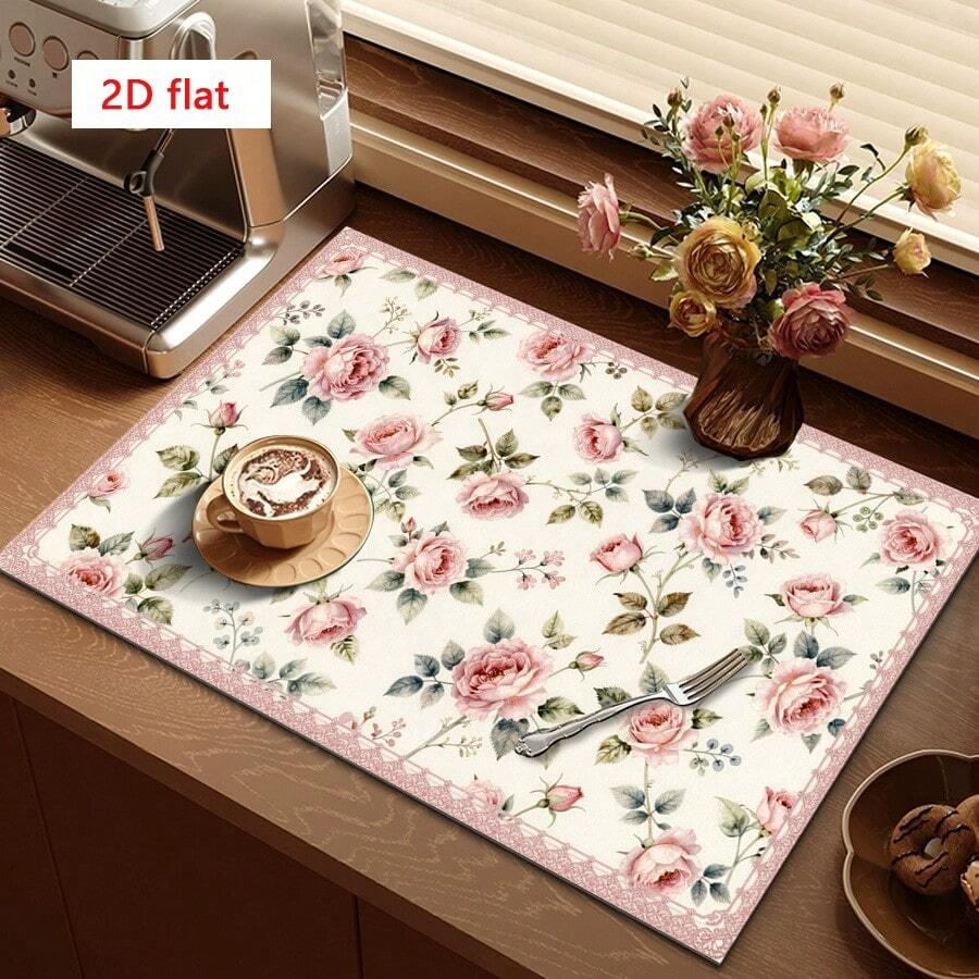 1pc Dish Drying Mat, Coffee Machine Mat, Pink Rose Pattern Absorbent Placemat, Suitable For Dining Table And Cafe, Multipurpose Drainage Mat, Home Gift, Tabletop Decor