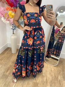 Long Crepe Dress With Tropical Print, Ruffle Detail, And Lining - Fits Sizes 38 To 44 (Brazilian Sizes). - Royal Blue - View 5