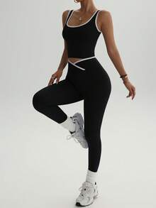 Women's High Waist Yoga Fitness Set - Colorblock Sports Top And Leggings, Stretchy Polyester Blend Fabric, Suitable For Running And Workout - Black - View 4