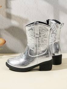 NILOSH 1 Pair Children's Embroidered PU Leather TPR Sole Mid-Calf Boots, Fashionable Spring/Autumn Style - Silver - View 7