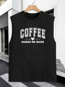 1PC Men's Vest With "COFFEE MAKES ME NICER" Print Design, 180g Pure Cotton Vest, Seamless, Sweat-Wicking, 100% Cotton, Loose American-Style Tank Top For Sports And Fitness. - 黑色 - 查看 3