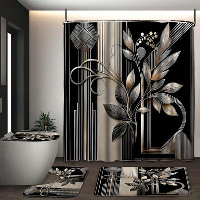 1/3/4 Piece Bathroom Curtain Set, Includes Vertical Stripe & Wood Grain Print Shower Curtain, Shower Curtain With 12 Hooks, Non-Slip Bathtub Mat, U-Shaped Bathtub Cover And Toilet Seat Cover, Suitable As Complete Bathroom Accessory Collection Or Holiday Gift, Home Decor, Bathroom Decoration