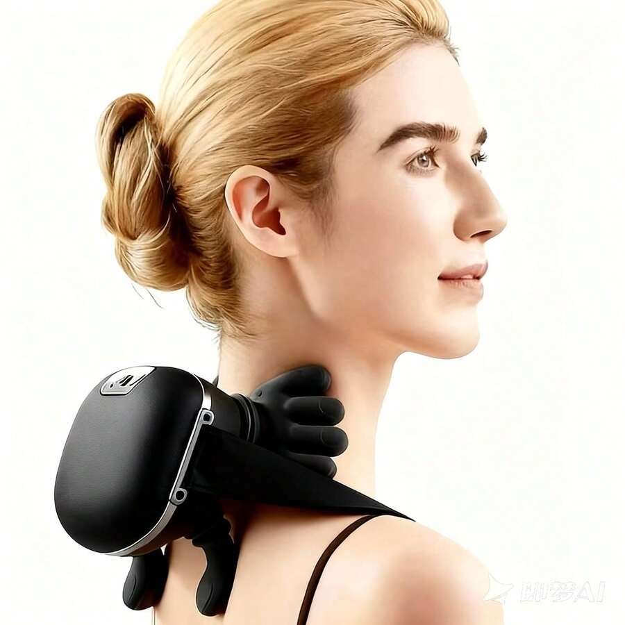 这款USB供电的颈肩热疗按摩器，利用电动按摩设备模拟手部动作。它主要作用于斜方肌，为颈部、肩部和腿部提供深层揉捏和按摩。