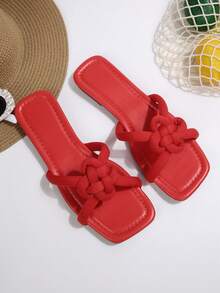女士时尚透气编织拖鞋，舒适优雅家居休闲鞋，适合度假、搭配休闲连衣裙、沙滩凉鞋，复古纯色中国结平底拖鞋 - 紅色 - 查看 7