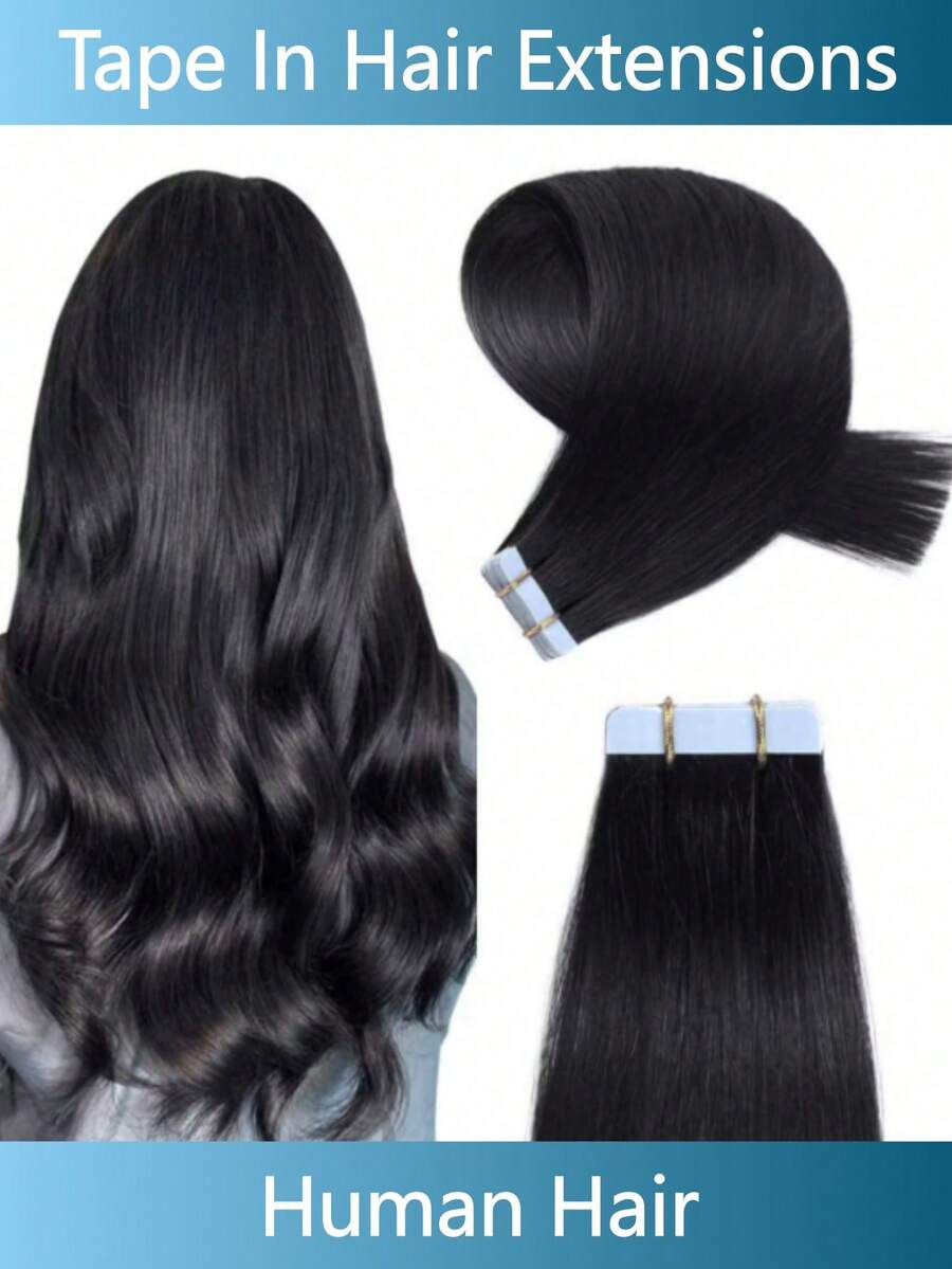 Lsybeauty 20pcs Straight Tape In 100% Remy Human Hair Extension For Salon Multicolor Color Natural Color 1B# 16-26 Inches Silk Straight Seamless Skin Weft Hair Extension Tape In Hair Tape Ins Hair Extentions - S1B - View 1