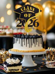 1件2026毕业帽蛋糕装饰插牌，毕业派对蛋糕装饰，黑色和金色“毕业祝贺”字样，蛋糕插签，蛋糕装饰用品 - 流蘇 - 查看 2