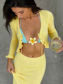 Women's Loose Vacation Style Yellow Ruffle Design Knit Set, Pure Tie-Front Cardigan + Mini Skirt 2pcs, Spring/Summer - Yellow - View 2
