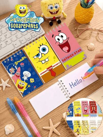  SpongeBob SquarePants Themed Series 10pcs Cute And Convenient Notebooks, Each With 50 Pages Of Cartoon Spiral-Bound Diary Pages, Suitable For Holidays, Birthday Parties, Accounting, And Other Memo Purposes, Suitable For Work And Study, Also A Gift For Women. Characters SpongeBob SquarePants, Patrick Star, Squidward, Sandy, Plankton, And Mr. Krabs Come In Random Colors And Styles. Suitable For Boutiques, Graduation Events, Back-To-School Season, And The Start Of The School Year.