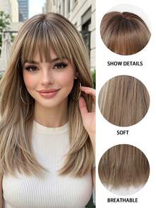 Tóc giả ombre nâu dài trung bình 16 inch có mái, được làm từ sợi tổng hợp chịu nhiệt, dễ đội và dễ bảo quản, phù hợp cho phụ nữ sử dụng hàng ngày, đi nghỉ lễ, dự tiệc và hóa trang. - Màu nâu ombre - Xem 9