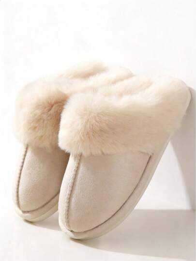 Women's Solid Color Casual Knit Fabric Warm Fringe Edge Minimalist Comfortable Non-Slip Indoor Winter Slippers