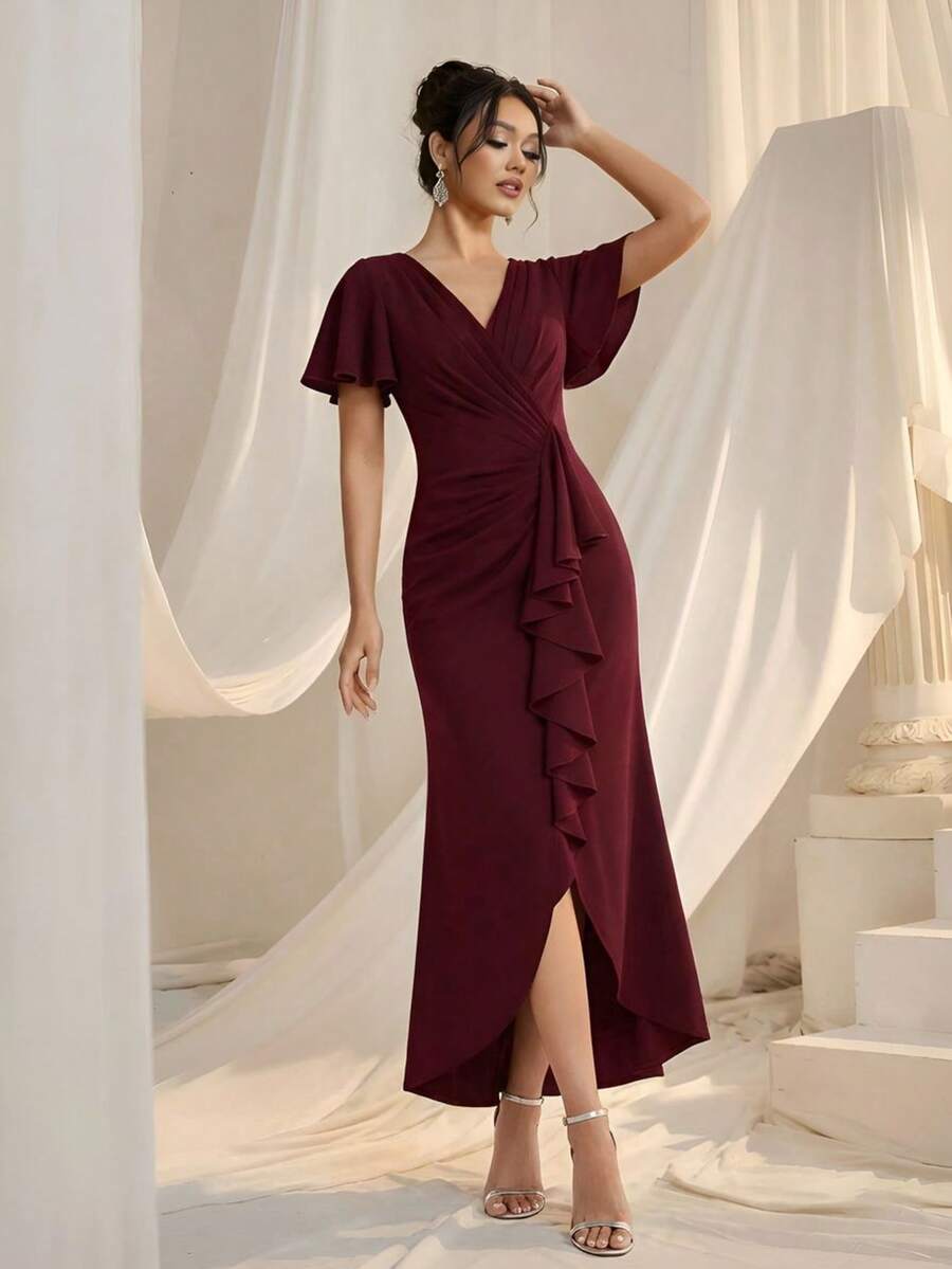 EVERPRETTY 女士V领褶皱高开衩不对称晚礼服,酒红色,适合婚礼宾客、半正式场合 - 酒紅色 - 查看 1