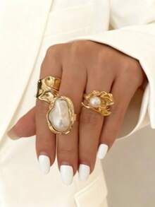 3 piezas Anillos de perlas barrocas asimétricas con textura, anillos apilables de diseño de nicho de dos tonos, anillos de estilo retro de lujo para mujeres - 3 piezas de perlas - Ver 3