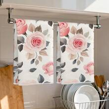 2pcs Pink Rose Print Kitchen Towels, 100% Polyester Kitchen Cleaning Cloths, Suitable For Restaurant, Kitchen And Home Decor; Quick-Drying, Lightweight, Fade-Resistant, Low-Shedding, Anti-Mildew, High Color Fastness, Size 40*60cm - Beige - View 1