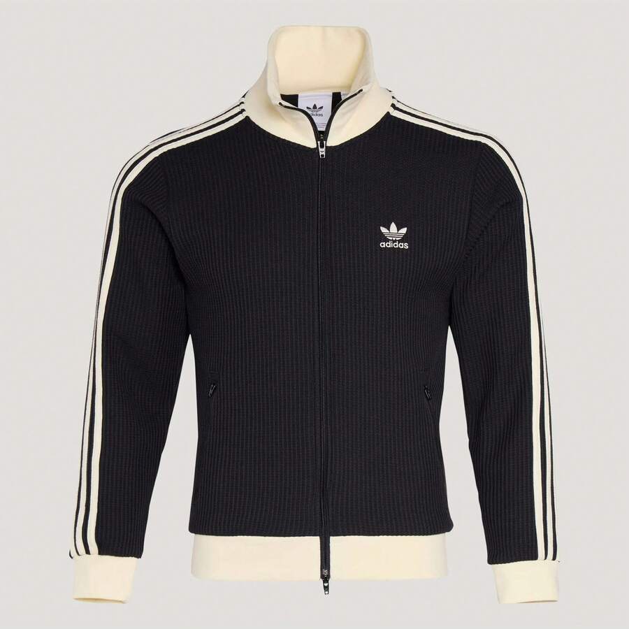 Adidas Adicolor Inspired Vintage Track Jacket For Men & Women - Retro Waffle Knit Slim Fit Sports Top, Lightweight Athletic Running Jacket With Zip Up Front & Contrast Stripes, 80s 90s Y2K Retro Sports Fashion Outerwear, Breathable Cropped Track Top For Gym Jogging Tennis, Casual Streetwear Jacket With Ribbed Cuffs & Collar, Classic Adidas Style Tracksuit Jacket For Daily Wear, Unisex Vintage Sportswear Windbreaker For Spring Autumn - 黑色 - 查看 1