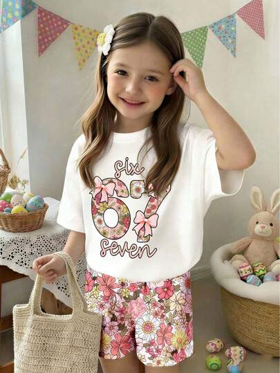 Young Girl Letter & Number Print Round Neck Short Sleeve T-Shirt And Shorts Casual Daily Outfit