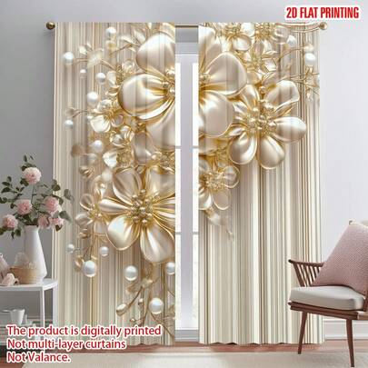 2D Flat - 2D Flat - Set Of 2 Flat Printed Curtains Featuring A Golden Floral Design, Made From Digital Printed Polyester. Ideal For Festive Indoor Decorations, Suitable For Events In Gardens, Bedrooms, Living Rooms, And Dining Areas, Window Curtain Panels For Bedroom Living Room Window Decoration