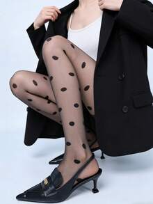 女士可爱波点透明连裤袜，黑白波点网眼丝袜，Y2K 风情透视连裤袜 - 彩色 - 查看 13