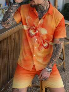 Men's Summer Beach Vacation Ombre Floral Print Short Sleeve Shirt And Shorts Set - Multicolor - View 1
