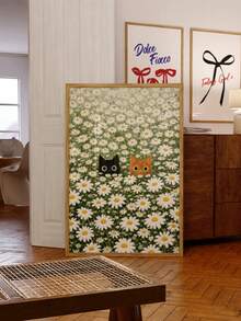 1pc Frameless Two Cats Peeking From Daisy Field Art Print, Whimsical Floral Background Poster For Bedroom, Dorm, Living Room Decor, Back To School, Funky Posters, Vintage Decor, College Dorm Essentials, Unique Gift - Cat - View 4