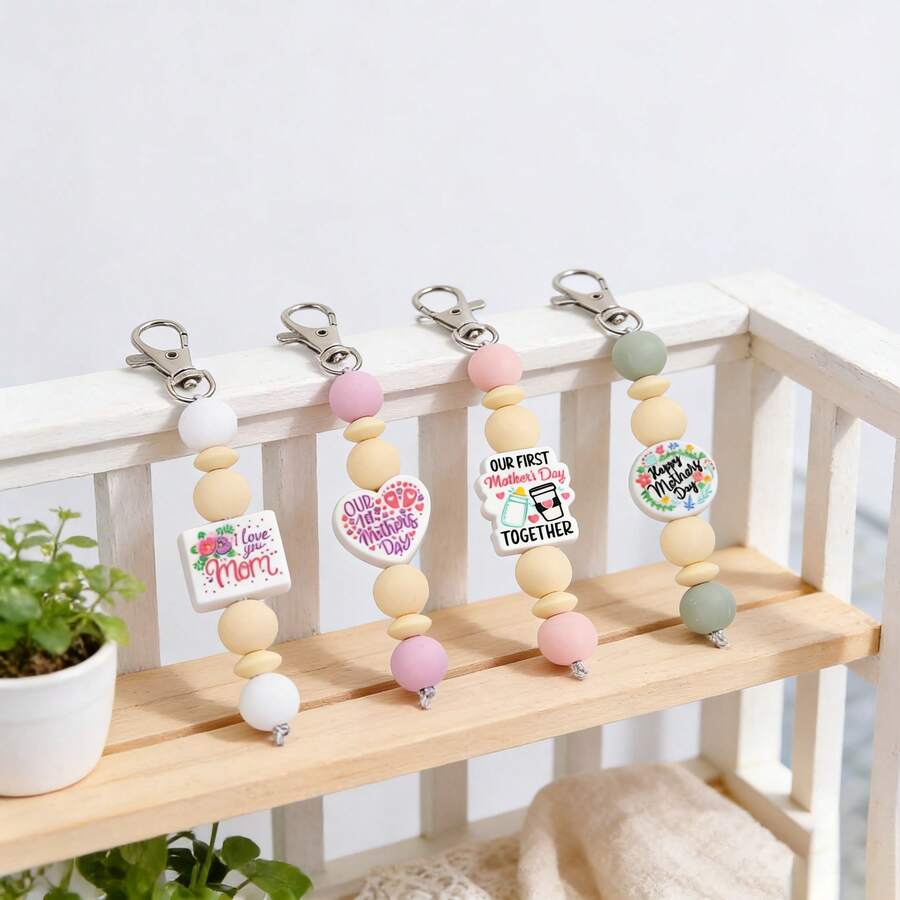 1pc Mother's Day Themed Beaded Keychain, Handmade Beaded Silicone Keychain/Bag Charm With Mother's Day Blessing Text/Flower/Heart Print Pattern, Best Gift For Mom On Mother's Day - Mother's Day Keychain - View 1