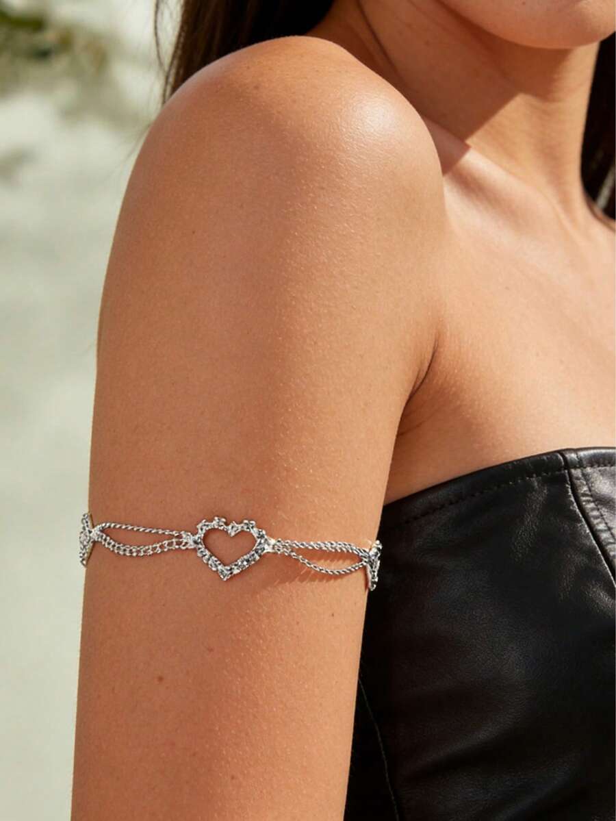 1 pieza Brazalete multicapa con cadena de brazo en forma de corazón hueco con diamante de imitación, accesorio de vestir para mujer, estilo europeo y americano - Plateado - Ver 1