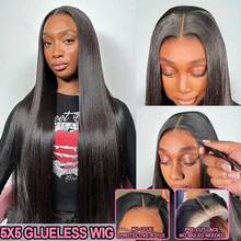 即戴即走，无需胶水，真人混纺发丝，预先拔毛、预先剪裁，200%密度，5x5高清蕾丝前假发，女士真人前额发丝，直发假发，无需胶水蕾丝闭合假发，13x4/13x6高清蕾丝前假发，自然黑 - 自然色&黑色系 - 查看 8