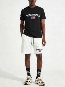 Voidago Men's Summer Fashion Puerto Rico Graphic Print Short Sleeve T-Shirt And Shorts 2-Piece Casual Outfit - Black - View 1