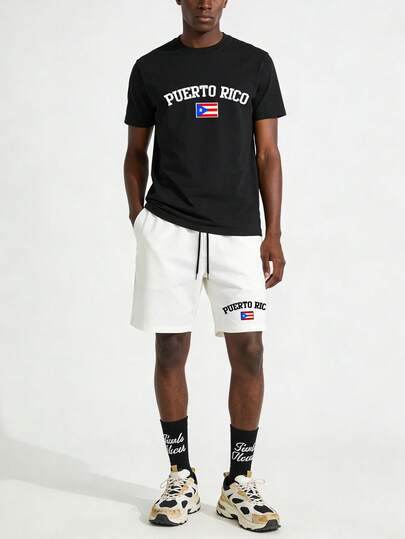 男士夏季时尚波多黎各印花短袖T恤和短裤两件套休闲装