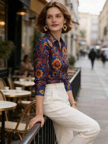 女士新款畅销办公衬衫：舒适休闲优雅印花长袖上衣，简约通勤设计，秋冬春假必备单品 - 寶藍色 - 查看 4