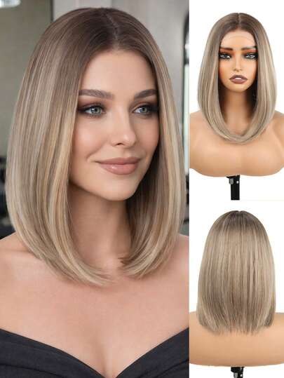 日常佩戴 13x4 蕾丝前波波头假发，14 英寸灰金色短直发合成假发，深色发根搭配金色挑染，适合女性日常佩戴