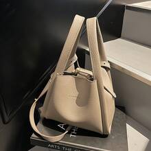 Nouveau sac de mode printemps pour femmes, sac seau en cuir doux avec motif de litchi, simple et polyvalent, convient pour le trajet, sac à bandoulière mère et fille. - blanc cassé - Voir 3