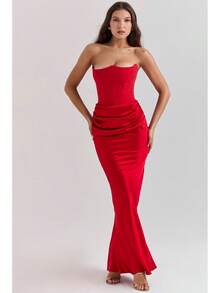 Wt-2026 New Multi-Color Corset Off-Shoulder Fishbone Pleated Long Bodycon Satin Dress. - Màu xanh lá cây đậm - Xem 8