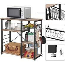 Estantería de cocina para hornear, barra de café, con ganchos, soporte para microondas, estructura metálica, acabado imitación madera. - Marrón - Ver 7