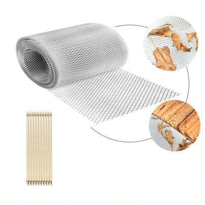 1 Cuộn lưới chắn rác máng xối bằng nhôm kèm 10 kẹp thép không gỉ, kích thước 6.0 inch x 236.22 inch, hiệu quả trong việc ngăn chặn lá cây và rác thải trong máng xối và ống thoát nước mưa, dễ dàng lắp đặt và cắt tỉa.