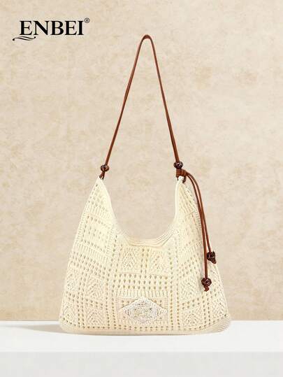 ENBEI 2026夏季时尚复古度假旅行沙滩包，手工编织女士沙滩度假包，可折叠镂空优雅女士手提包，假日必备，旅行必备，白色托特包，适合约会、郊游、购物、度假、观光，是母亲节、情人节或教师节的完美礼物之选。