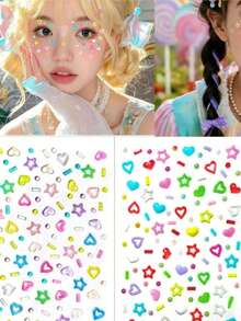 1/2/3 Styles Hollow Five-Pointed Star & Heart Shaped Stickers, Mixed With Dopamine Elements, Self-Adhesive Back, Suitable For Festivals, Performances, Concerts And Other Occasions, Also Can Be Used As Nail Art Decoration Stickers. - Multicolor - View 9