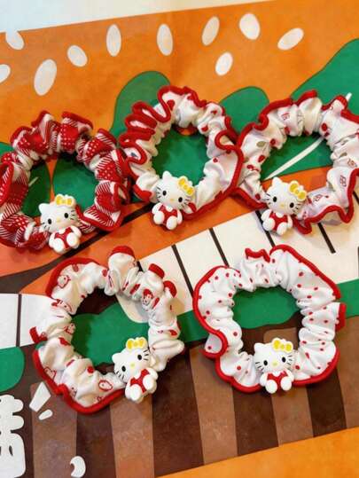  5个SANRIO可爱红色蕾丝Hello Kitty卡通糖果色发圈，樱花印花弹力发绳，高低马尾皆宜，甜美女孩发饰