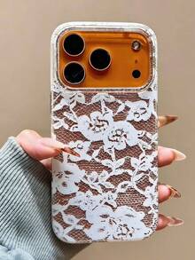 1pc Ins Ancient Art Retro Lace Rose Exquisite Phone Case For IPhone 17 AIR 16 15 14 13 12 11 Pro XSMAX MINI XR 7 8 Plus Cover - White Lace - View 1