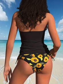 Women's Swimsuit Two-Piece Set With Fashionable Print, Drawstring Neck, And Slimming Design. - Black - View 2