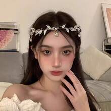 水晶叶子皇冠发箍，镶满水钻的仙女装扮首饰，复古精灵公主新娘婚礼配饰 - 金色 - 查看 2
