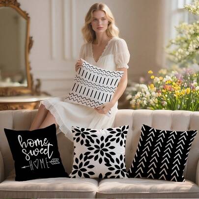 Bộ 4 vỏ gối trang trí nhà cửa, họa tiết hình học đen trắng với dòng chữ "Home Sweet Home", vỏ gối trang trí phù hợp cho trang trí nhà cửa, nhiều kích cỡ, thiết kế in phẳng 2D, họa tiết lấy cảm hứng từ thiên nhiên bốn mùa.