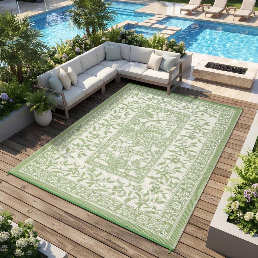 Studyset 9x12 FT Outdoor Rug, Waterproof Reversible Plastic Straw Outdoor Patio Rug, Botanical Grove Vintage Cottage Outdoor Area Rug Carpet For RV, Deck, Picnic, Beach, Backyard - Màu xanh lá - Xem 1