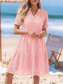 Women's Summer Dress V-Neck Hollow Eyelet Ruffle A-Line Hem Elegant Short Casual Wedding Graduation Travel Beach Holiday Vacation Pink Easter Dresses For Women - Hồng - Xem 6
