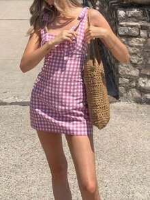 Seelio 夏季新款女士蝴蝶结装饰迷你格子印花连衣裙，优雅粉色 - 粉色 - 查看 4