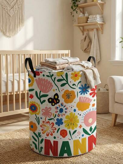 1个花卉蜻蜓图案可折叠圆形收纳篮，带提手，大容量多用途收纳箱，适用于婴儿房、婴儿尿布、衣物、玩具收纳