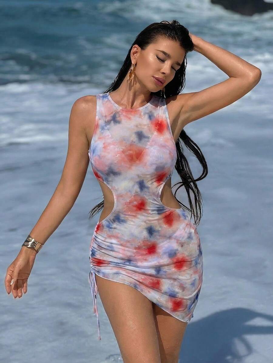 Bộ bikini nhuộm tie-dye + Váy che lưng lưới hở lưng, Áo tắm gợi cảm hở lưng đính ngọc trai, Bộ đồ đi biển 3 món - Nhiều màu - Xem 1