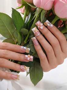 Handmade Sweet Luxury Short Duck Bill Press On Nails, Artisan Design, 3D Stereo Flower, Gold Butterfly, Heart Rhinestone, Pearl Chain Details, High-Gloss Finish, Salon-Quality Reusable, Ideal Gift For Noble Style Enthusiasts Summer - 彩色 - 查看 4